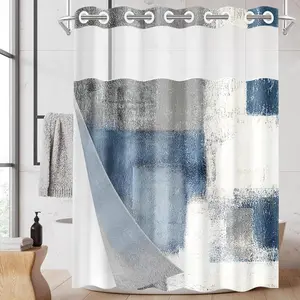 No Hook Blue Grey Painting Shower Curtain with Snap in Fabric Liner Set, Gray Abstract Double Layers  Fabric with See Through Top Window Open Grommet Bath Curtain 71x74 Inch