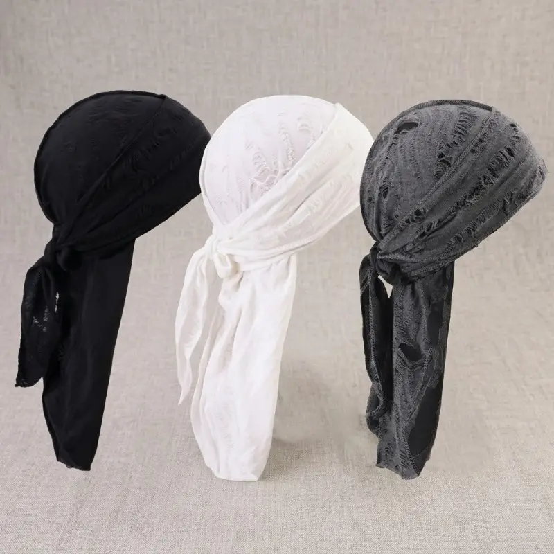 3Pcs Retro Distressed Durag Headwrap Set, Unisex Soft Stretch Ripped Bandana Pirate Turban, Breathable Hip Hop Streetwear Headband For Men Women Daily Outfit