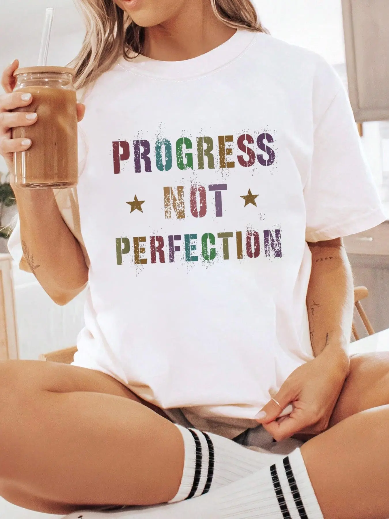 Women's 100% Cotton Short-Sleeve Round Neck Loose T-Shirt - Unisex Streetwear, Funny "Strive Commit PROGRESS NOT PERFECTION" Print, Labor Day Casual Top, wt-y689576, Shortsleeve, Tshirt