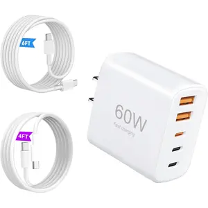 60W USB-C   Kit (Includes Cables: 4ft + 6ft), 5-Port Wall Plug Power Adapter, Compatible with  17/16/15/Pro Max Series, iPad,  S25/S24