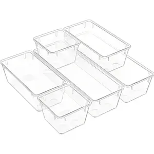 Clear Acrylic Drawer Organizer Trays, 5 Size Junk Box Organization Small Storage Container Bin for Desk Makeup Bathroom Vanity Kitchen Tool Make up Workspace Home Dorm Apartment Office Room Nightstand Aofast