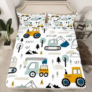 Cartoon Car Fitted Sheet,Construction Bed Sheet Set Decor Equipment Truck Bedding Set,Cartoon Car Excavator Tractor White Yellow Bed Cover Quilt Cover