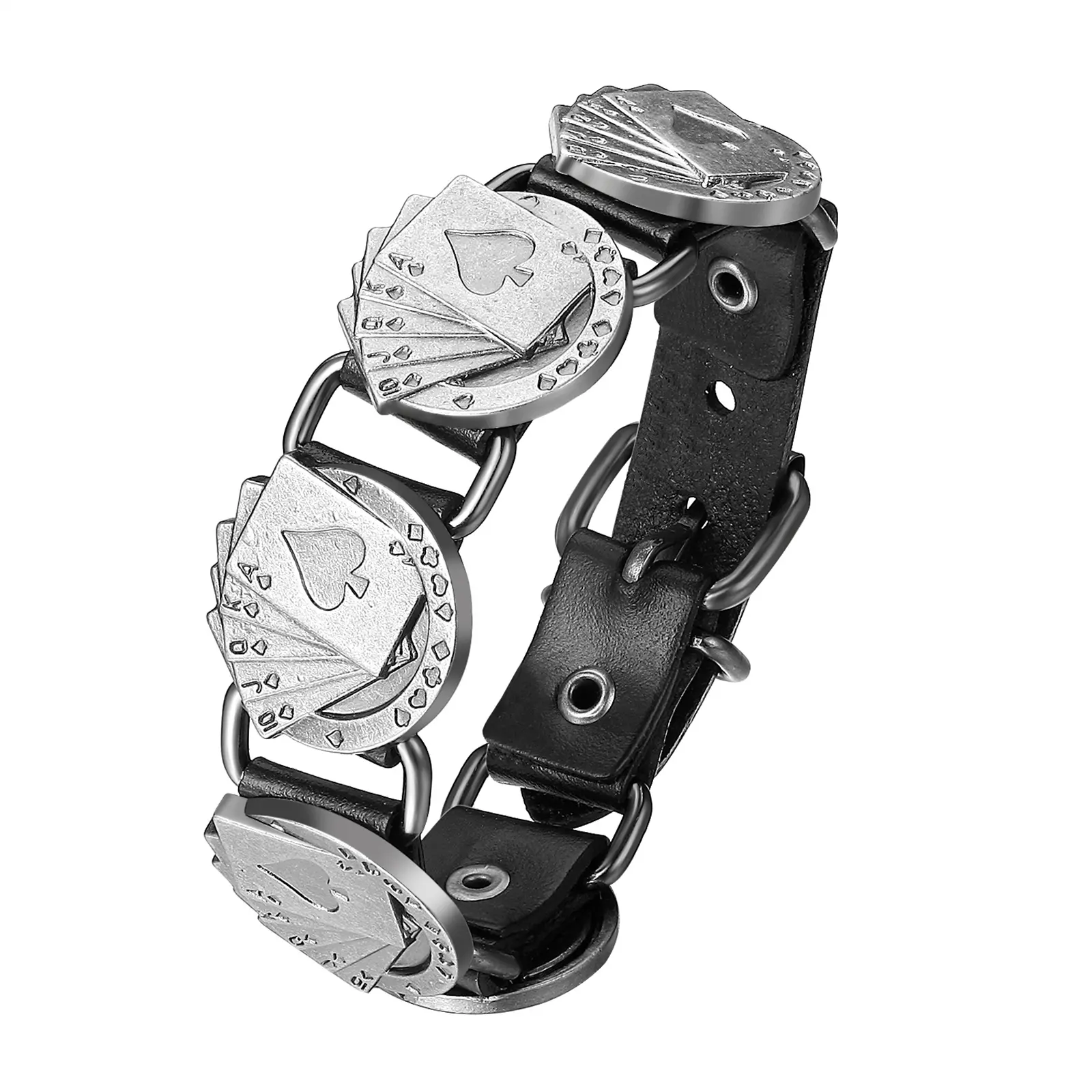 OIDEA Men's Punk Leather Bracelet with Royal Flush Poker Charm, Adjustable Cuff with Snap Closure, Father's Day Biker Gift, Adjustable Size, Poker Card, Alloy, Birthday, Casual, Bangle, Male, Poker Night