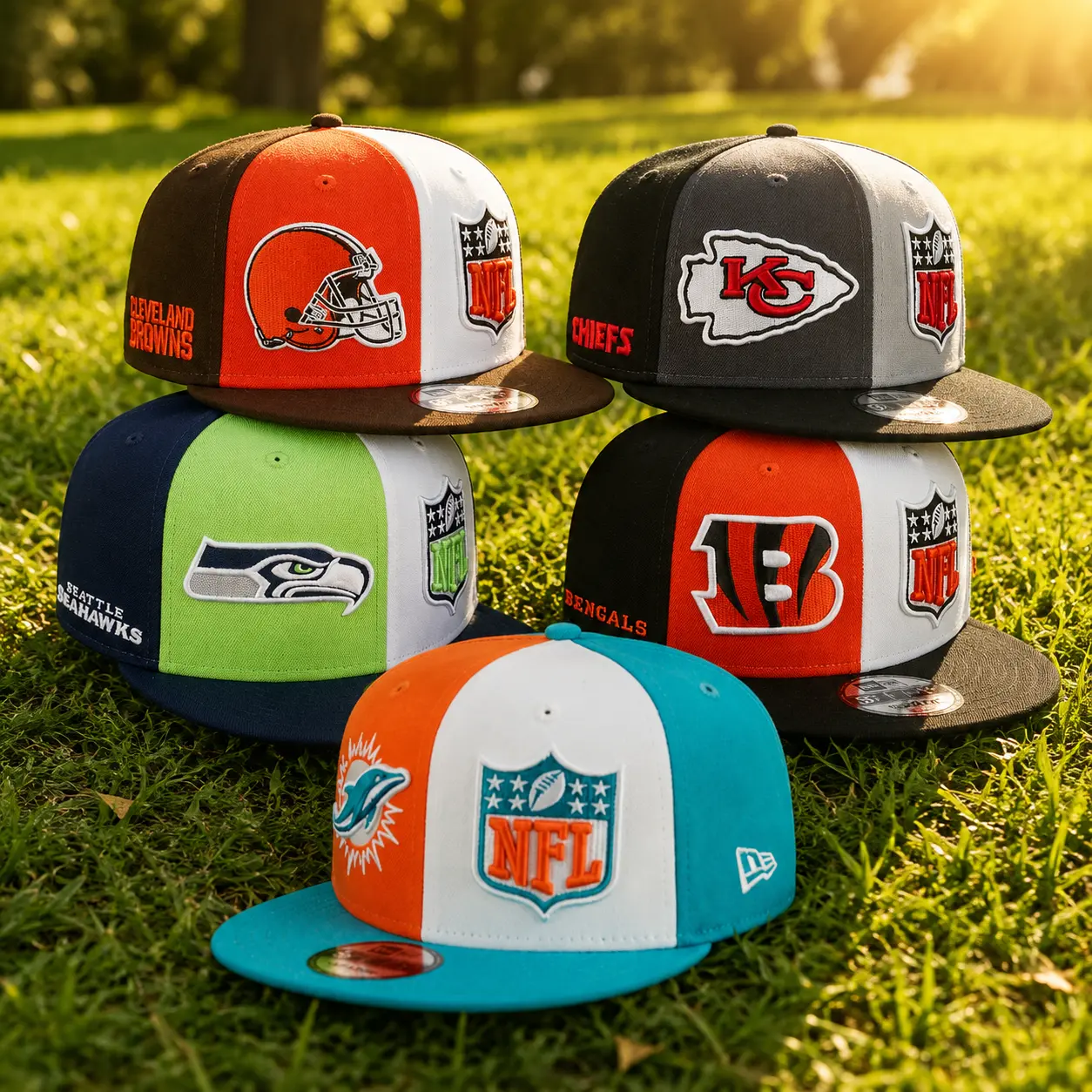 New Era NFL 9FIFTY Snapback Cap Kansas City Chiefs Cleveland Browns Seattle Seahawks Cincinnati Bengals Miami Dolphins Adjustable Hat Football Streetwear Hip Hop Vintage Trendy TikTok Viral Unisex Baseball Cap Gorras Urban Fashion