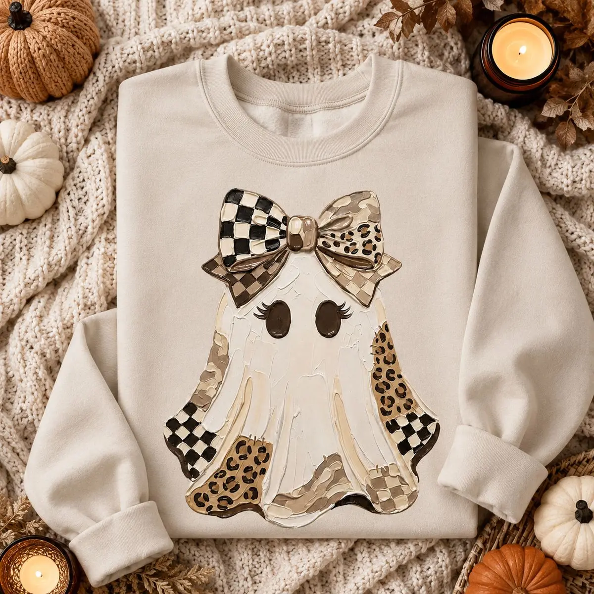 [PRINTED SHIRT] Trendy Autumn Sweatshirt, Halloween Ghost Sweater, Boho Fall Sweatshirt, Coquette Ghost Sweater, Preppy Retro Ghost Graphic Sweatshirt