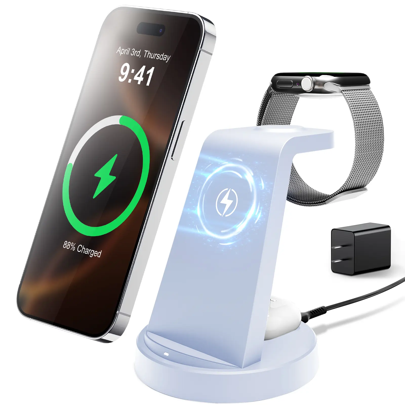 Wireless Charger 3-in-1 Charging Stand for Fast Simultaneous Wireless Charging station of iPhone, AirPods, and iWatch Series, Suitable for Home and Office UseWireless Charging station
