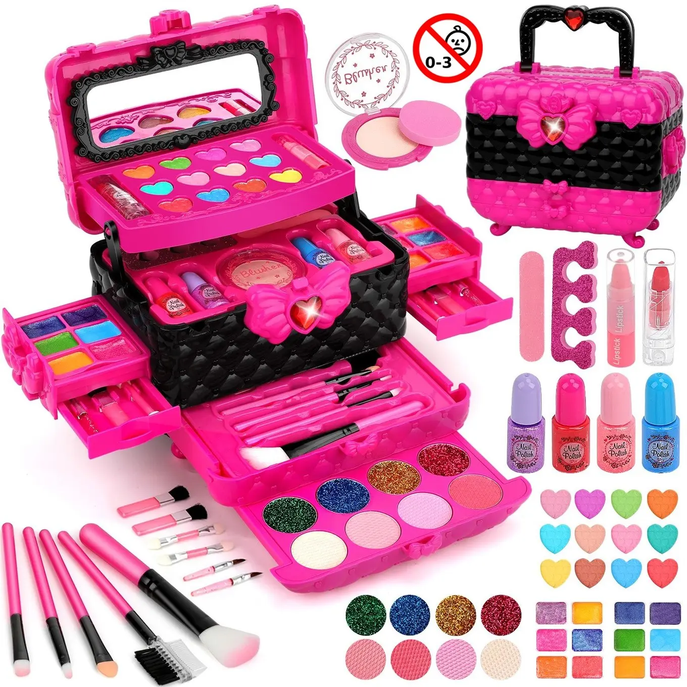 56-Pcs Children's Cosmetics Set, non-toxic, washable cosmetic toy set, suitable for girls, princess role-play toys, beauty role-play toys, the perfect gift for birthday parties, holiday celebrations, and Christmas, suitable for girls ages 3–12.