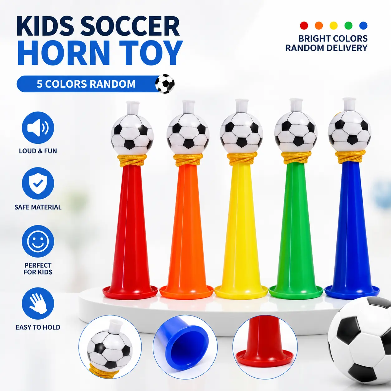 Kids Soccer Cheer Horn Toy - Multicolor Soccer Ball Design, Loud Squeeze Whistle, Unisex Play Noise Maker for Game Days, Outdoor Sports Events, Home & Festive Party Supplies Gift