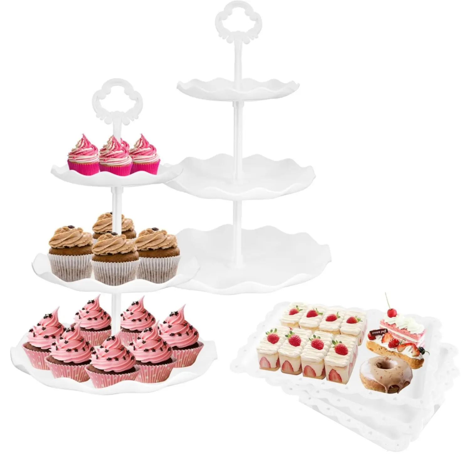 5PCS Cupcake Stand White Dessert Table Display Set 2PCS 3 Tier Plastic Cake Stand Holder 3PCS Dessert Serving Tray Cookie Platter Rack Tower for Tea Party Wedding