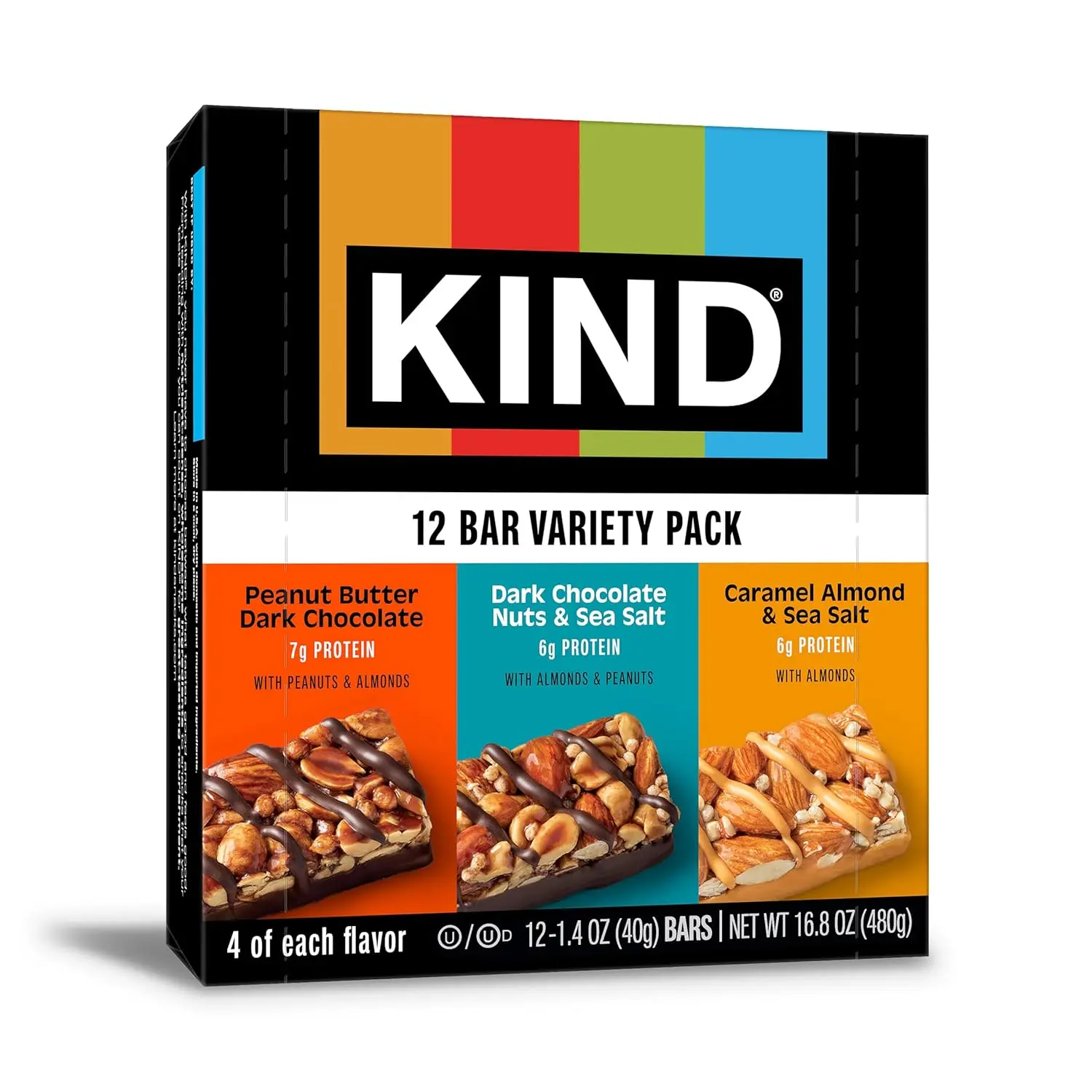KIND Healthy Snacks Bars Variety Pack (12-1.4 oz, 16.8 oz Total) - Gluten-Free, Low Sugar, High Fiber, 6-7g Protein Adult Snacks - Dark Chocolate Nuts & Sea Salt, Peanut Butter Chocolate, Caramel Almonds & Sea Salt (Contains Almonds) - Ideal for Storage,