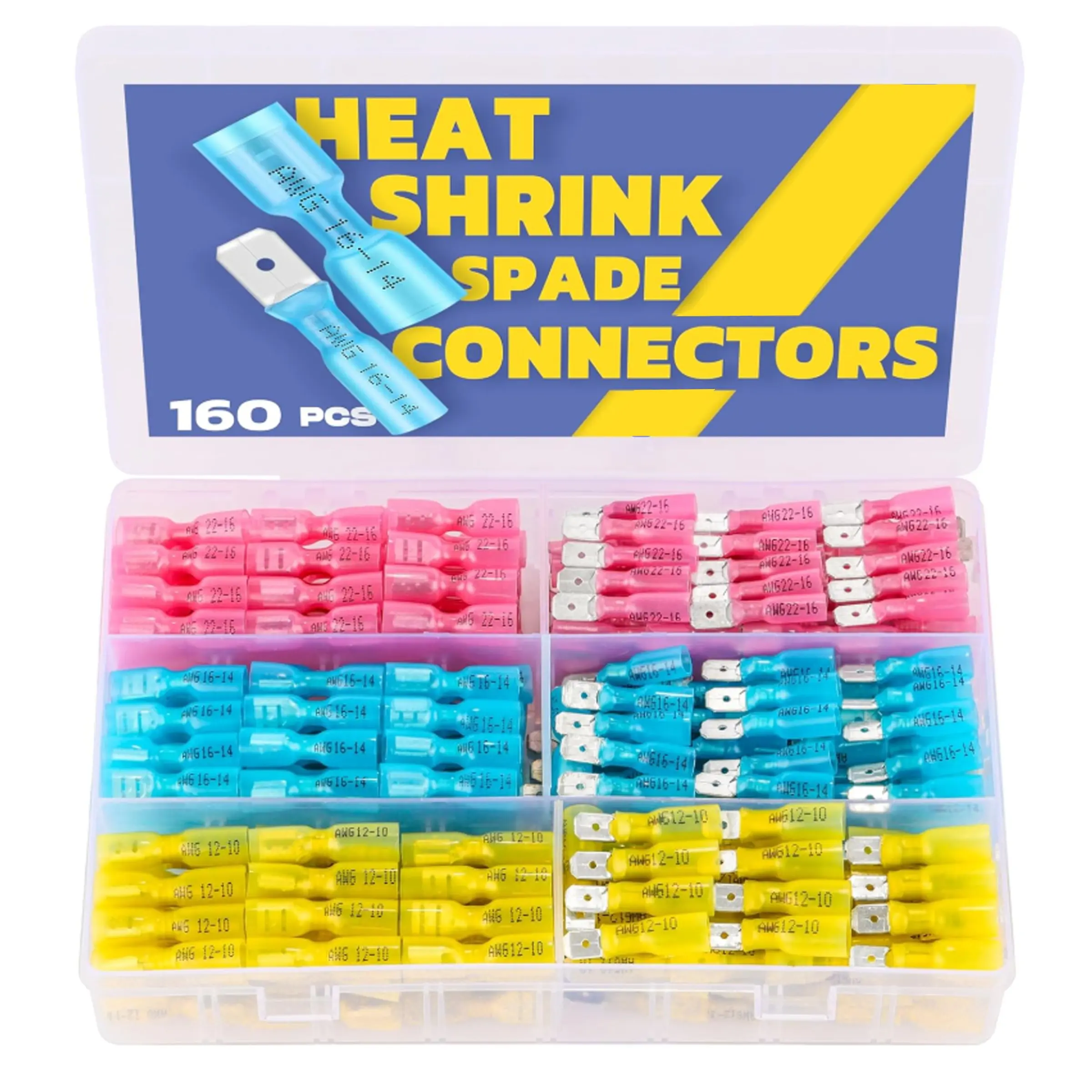 160pcs Heat Shrink Spade Connectors,AWG 22-10 Female and Male Wire Connectors,Quick Disconnect Spade terminals, Durable Reliable Connectors