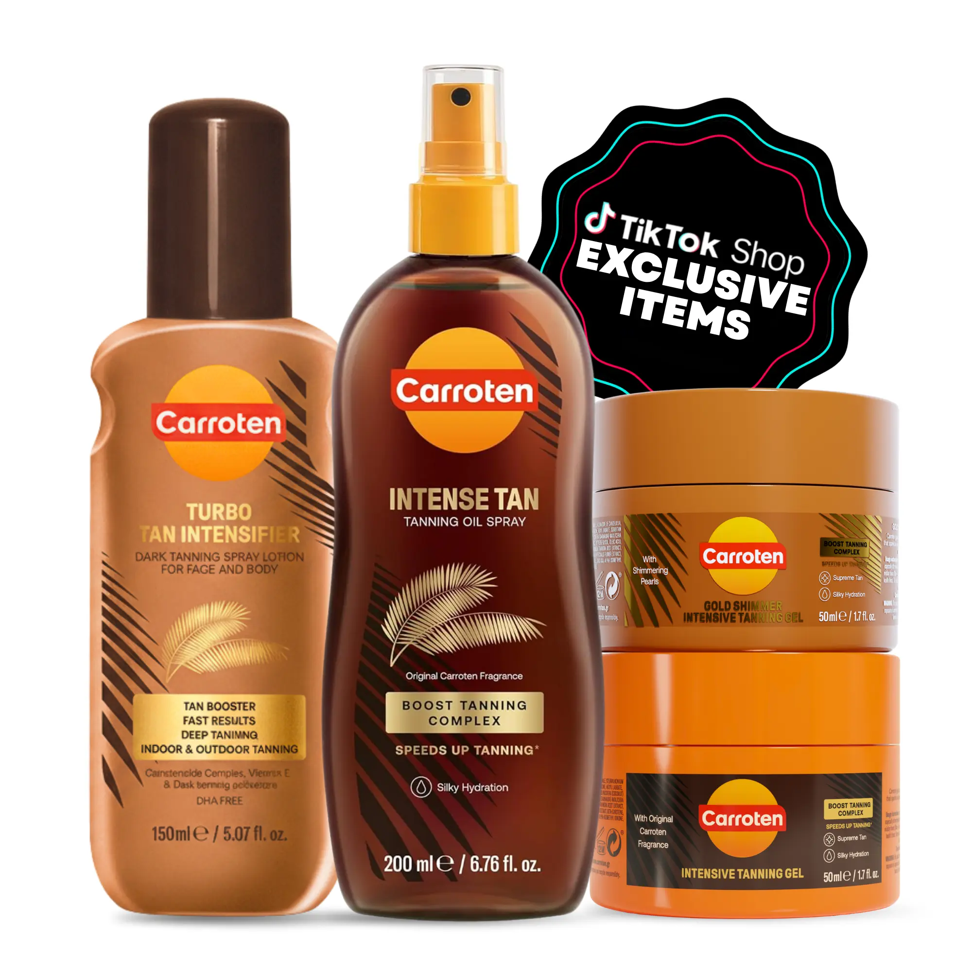 CARROTEN Seasonal Stock-Up Tanning Multi-Pack Beauty Products - Self Care Products, Skin-Nourishing, Moisturizing, Includes Golden Moisturizer, Mini Intensive Gel, Mini Calming Shimmer Gel, Turbo Tan Intensifier, Full Coconut Bronze Oil Spray, Bronze Glow