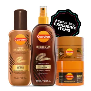 CARROTEN Seasonal Stock-Up Tanning Kit - Skin-Nourishing Body Care Tanning Products with Golden Moisturizing Moisturizer, Mini Intensive Gel, Mini Calming Shimmer Gel, Turbo Tan Intensifier, Full Coconut Bronze Oil Spray, Radiant Glow