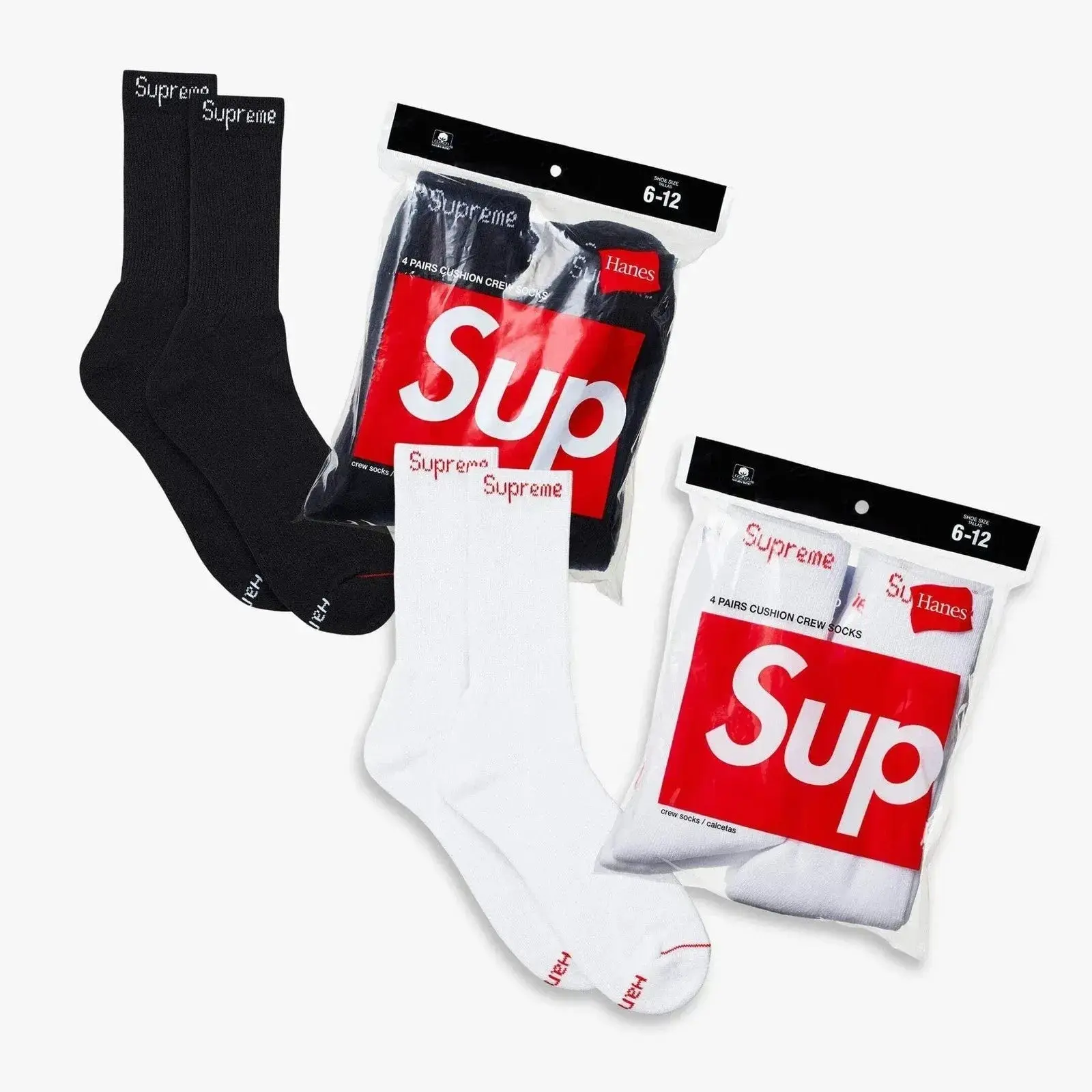 Supreme x Hanes Cushion Crew Socks (Full Pack of Each) Black and White