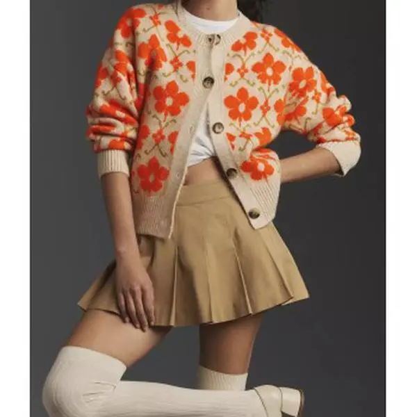 Women's High-Quality Floral Knit Cardigan - Long-Sleeve Open-Front Button-Down Loose-Fitting Casual Light Outerwear for Fall 2025 (Knitwear Tops)