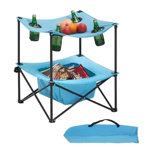 【Summervibes】VEVOR Folding Camping Table,  Portable Outdoor Lightweight Picnic Table, 600D Oxford Fabric Waterproof Canvas Travel Beach Tables, with 4 Cup Holders, Carry Bag, for Tailgating Camping Picnic, Blue