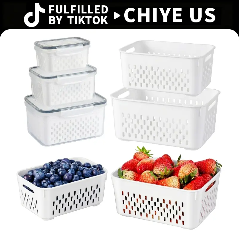 4 in 1 Produce Saver Containers, Airtight Food Storage Container with Drain Basket, Stackable Refrigerator Organizer for Vegetable Fruit Meal Prep Kitchen Storage,dorm essentials,home decor