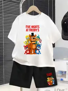 Fnaf Five Nights At Freddy's Cartoon Print Children's Short-Sleeved Set - Summer Casual Comfortable Fashion Daily Outdoor Versatile T-Shirt Shorts Set, Ideal Gift Choice, Go Out Sets, Round Neck Set, Variety Sets