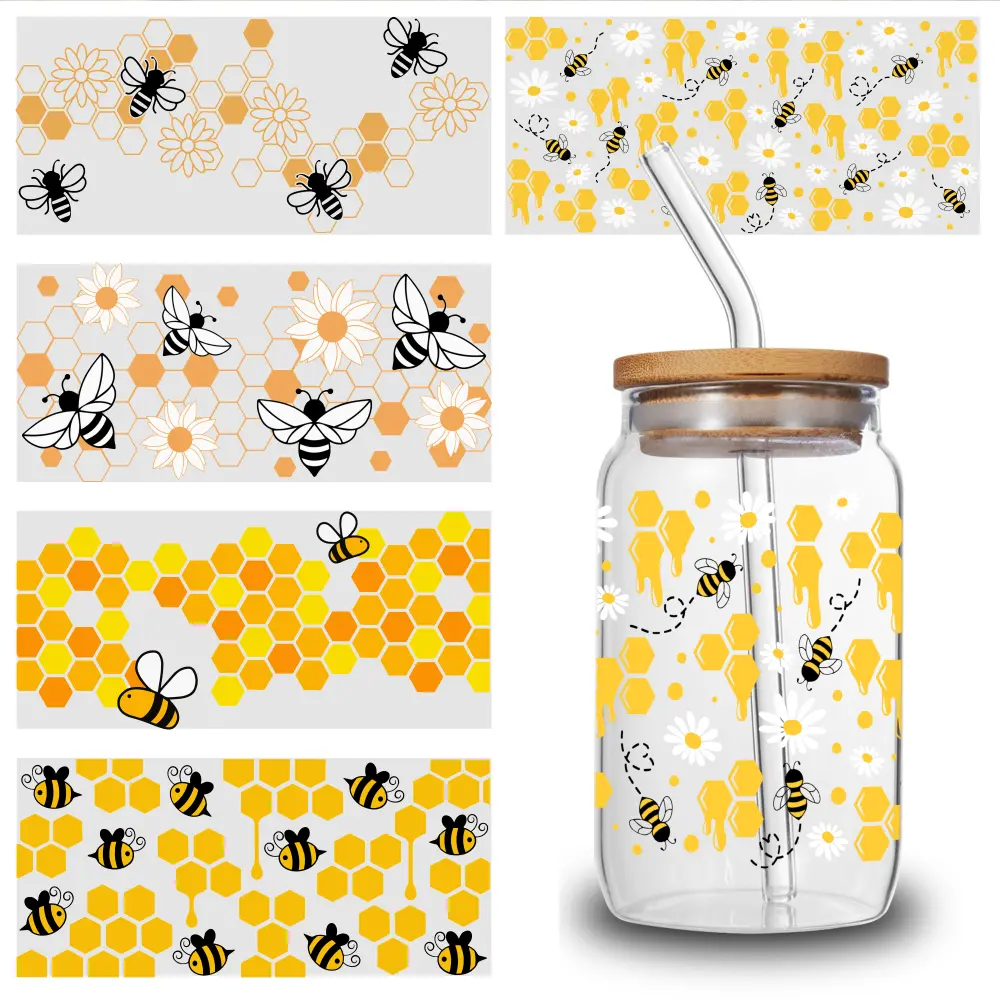 5-Sheet Retro UV DTF Adhesive Vinyl Decal Stickers Kit, Bee Honeycomb-Flower-Morning Glory-Bat Designs, Outdoor-Resistant Home Decor Supplies for Glass Cups, Mugs, Anti-Reflective Window Tint, Halloween Gifts