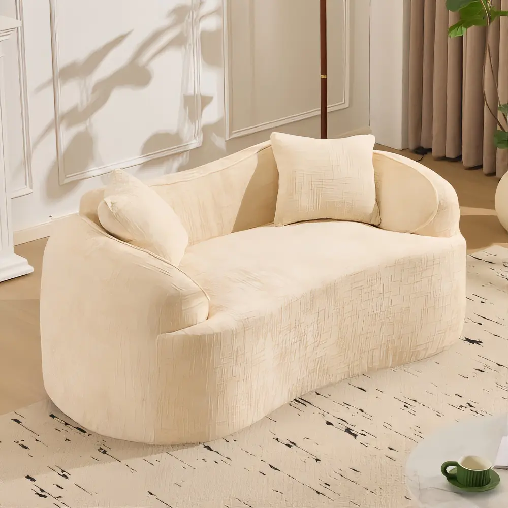 curved two - person compress sofa. It has armrests on both sides, comes with two pillows, is suitable for small - sized apartments, and can be placed in the living room or bedroom.
