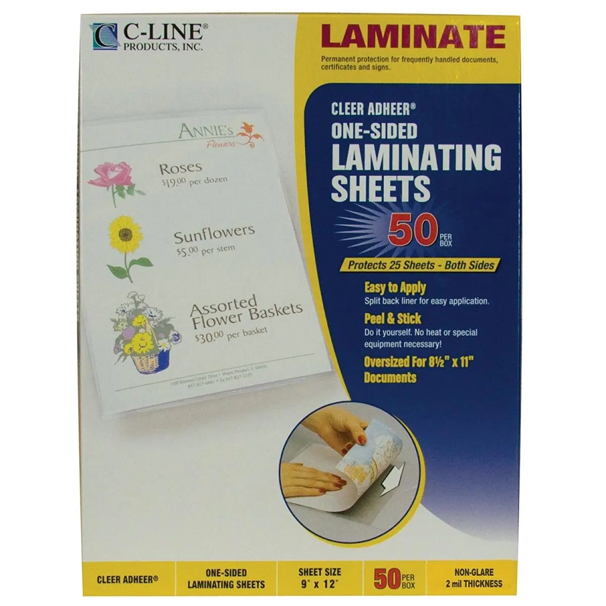 C-Line Products Heavyweight Peel & Stick Laminating Sheets, 9x12 in, 50 Sheets/Box, Grid Pattern, Easy to Apply, Non-Glare, Protects Paper for Favorite Pictures, Will Not Crack Or Tear
