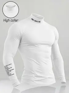 Men's Motivational High Neck Sports Tight Fit T-Shirt, the Dream Slogan, Athleisure Style, Gym Training Running Top, Fall & Winter