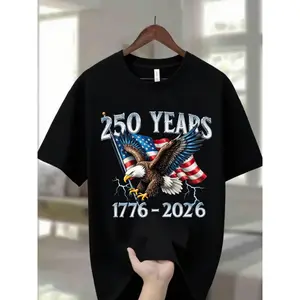 Navy Blue 100% Men's Round Neck T-Shirt with Eagle Pattern |   250 Years 1776- 2026 United States Flag Design, Ideal for Thanksgiving, Christmas, Summer, and Casual Attire, Men's Casual Comfortable T-Shirt