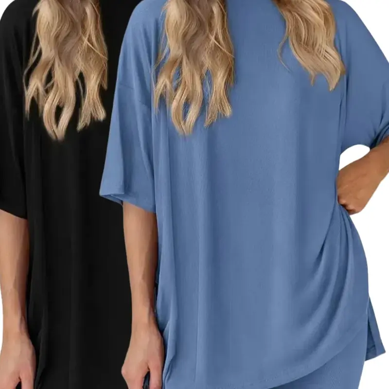 Women's Solid Color Knit T-Shirt and Tight Shorts Lounge Set, Casual Comfortable Round Neck Knitted Fabric Sleepwear for Summer, Features Pockets and Suitable for Outdoor Wear, Women's Affordable Pajamas, Pj Sets, Loungewear