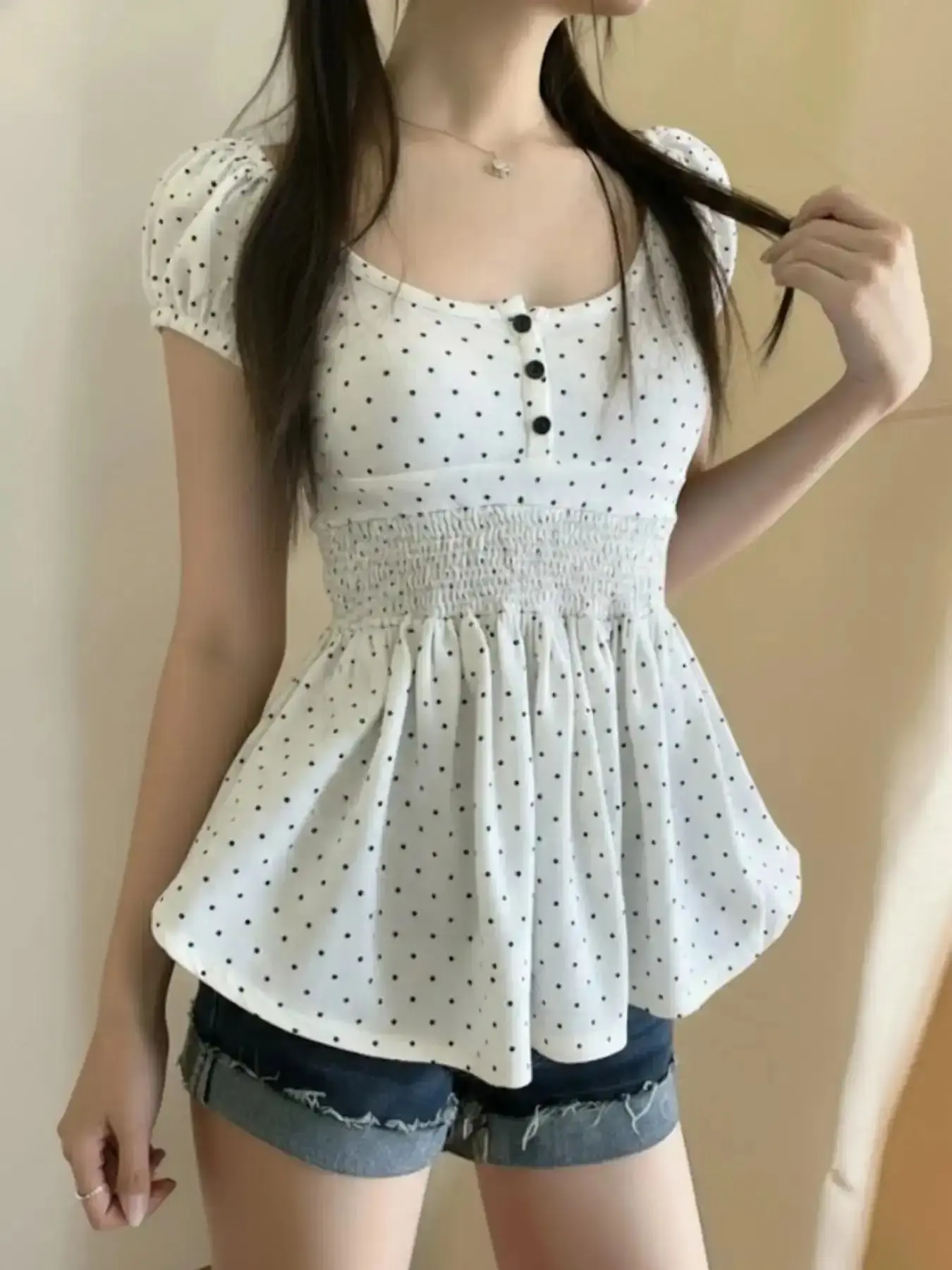 Polka Dot Print Cute Peplum Tops for Women, Button Front Blouse, Waist Cinch Pleated Sweet Versatile Round Neck Baby Doll Tee Shirts, Streetwear Chic Fitted Style Clothing, Design, Casual Fashion wardrobe staple
