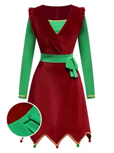 RETRO STAGE Women's 1960s Polyester Long Sleeve Casual Wear Christmas Dress - Red, Lady-Fit, Wave Hem Detail, Contrast Design, Zipper Closure