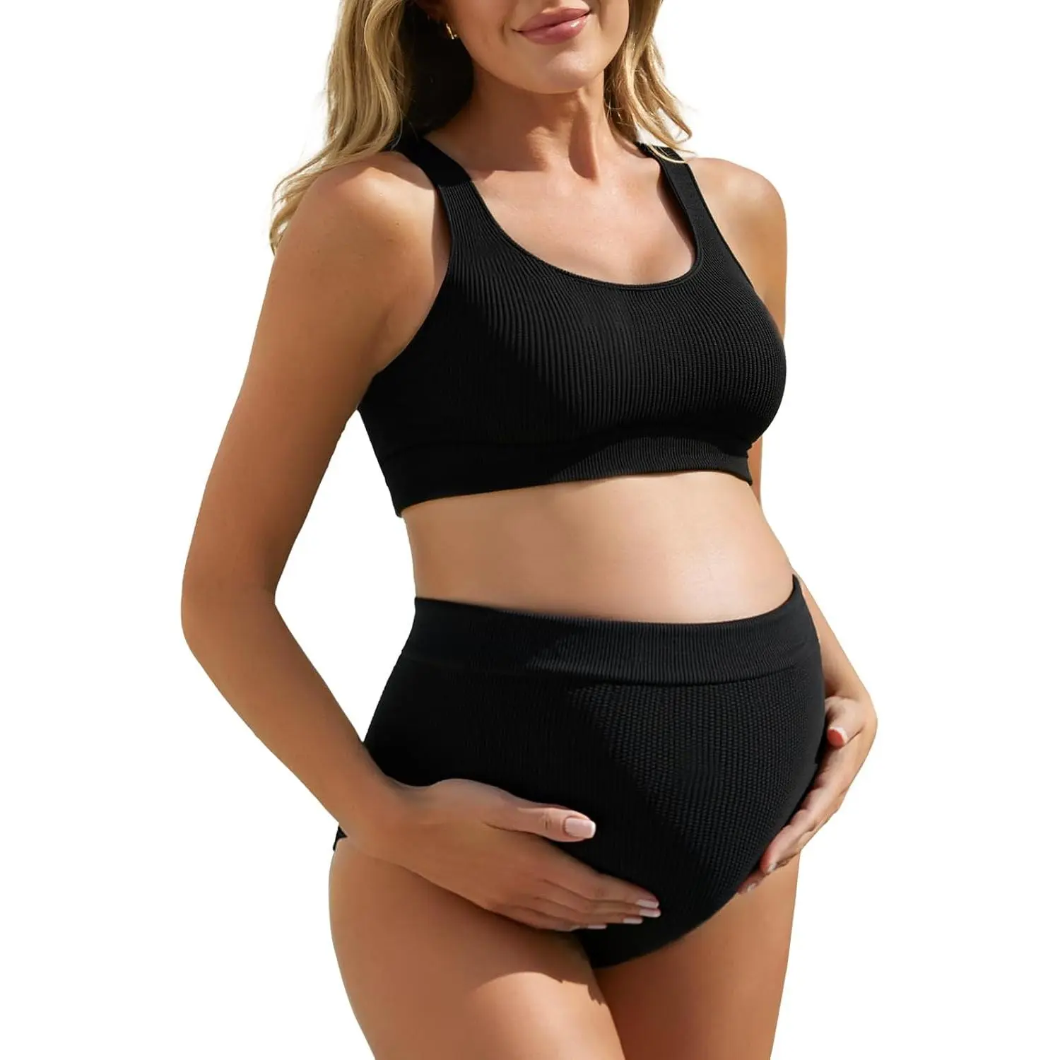 Summer Mae Seamless Maternity Bikini Swimsuit One Size Fits S-XL Two Piece Bathing Suit Ribbed High Waist Pregnancy Swimwear
