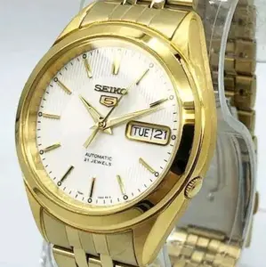 New Seiko 5 gold stainless steel Automatic white face men's s watch SNKL26K1