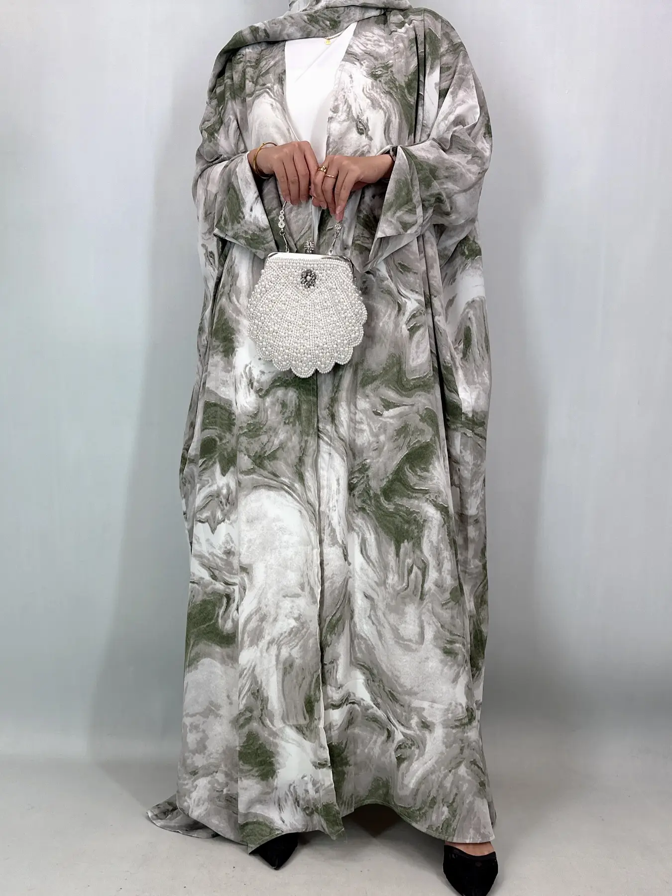 [Includes Hijab] Women's Artistic Ink Print Batwing Sleeve Long Robe Coat Set, Loose-Fitting Vacation Style Outerwear with Pockets, All Season Wear