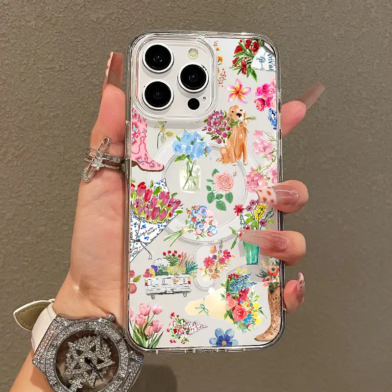 MagSafe Magnetic Phone Case Cover for iPhone 11/12/13/14/15/16/17 Pro Max, Floral & Puppy Pattern, Ultra Slim Shockproof Plastic-TPU Protective Accessory