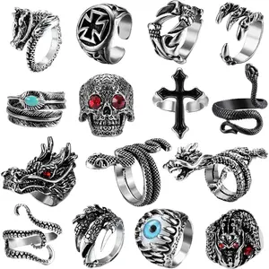 MILACOLATO 15Pcs Vintage Punk Rings for Men Women Snake Ring Dragon Open Rings Set Knuckle Stacking Ring Boho Finger Rings