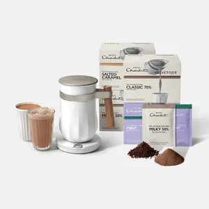 Velvetiser Hot Chocolate Maker Starter Kit - 40 Servings - Patented Vortex Design, Hot & Cold Recipes - Includes Classic 70% Hot Chocolate, Milky 50% Hot Chocolate, Salted Caramel Hot Chocolate, and Mint Cold Drinking Chocolate