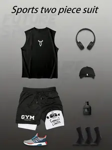 Men's Sports 2-Pack Gym Outfit, Sportswear Set, Streetwear tracksuit set, Black Sleeveless Tank & Drawstring Shorts with Bull Graphic, GYM Warriors & "NO LIMITS" Slogan, Soft Breathable Fabric Athletic Streetwear Set for Workouts, Daily Wear