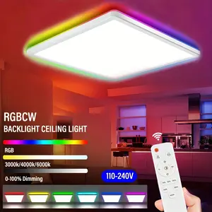 Smart LED Square Ceiling Light, 24W with RGBCW Color Changing Backlight for Bedroom, Living Room, Game Room, Party with Remote Control, No Batteries