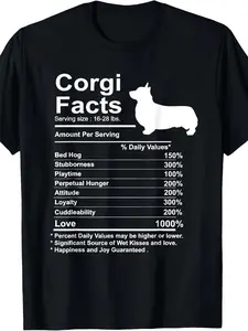 Corgi Lover T-Shirt - 'Corgi Facts' nutrition label graphic t-shirt, 100% soft cotton crew neck, cute dog decoration, perfect gift for pet owners and animal lovers - a Corgi enthusiast's perfect gift.