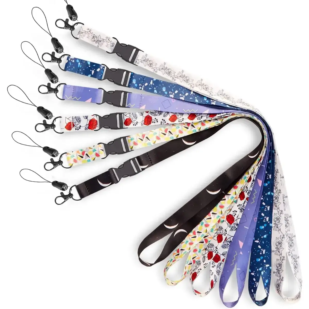 6-Pack Waterproof Lanyards for ID Card Holders & Keys - Lightweight, Soft to Wear, Safety Buckle, White Black Roses & Black with Moon Designs - Office Cruise Accessory for Women & Men