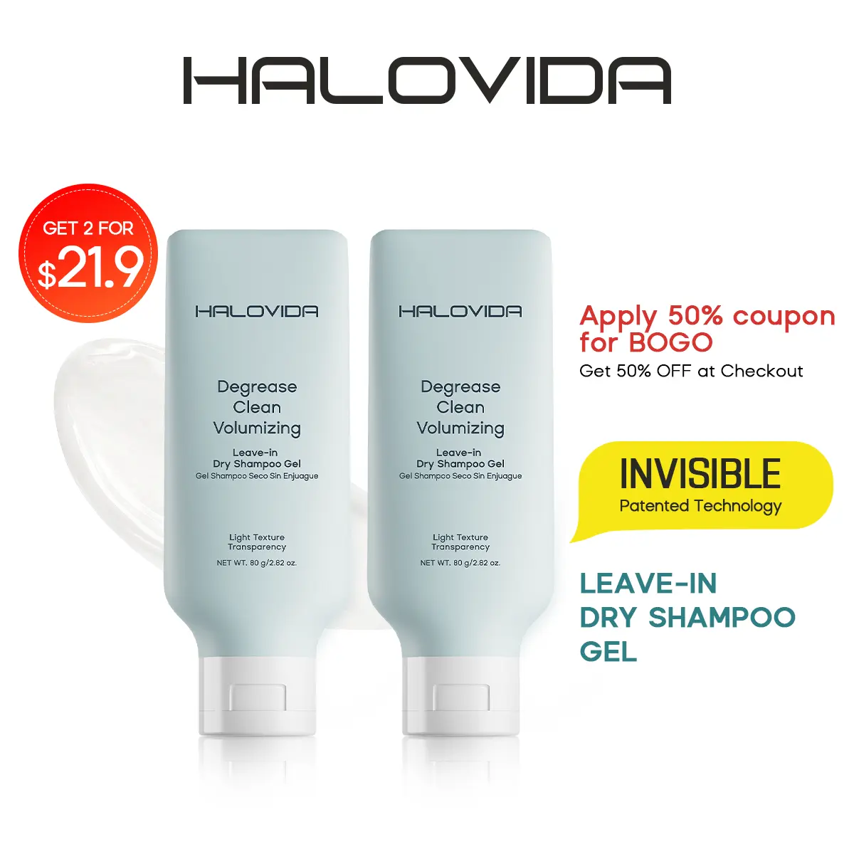 HALOVIDA Leave-in Dry Shampoo Gel, Instant Oil Absorption, Invisible Volume, Long-Lasting Oil Control, 4D Hyaluronic Acid, Silk Protein, Lightweight & Refreshing, Suitable for All Hair Types, 2.28oz, Gentle & Smooth