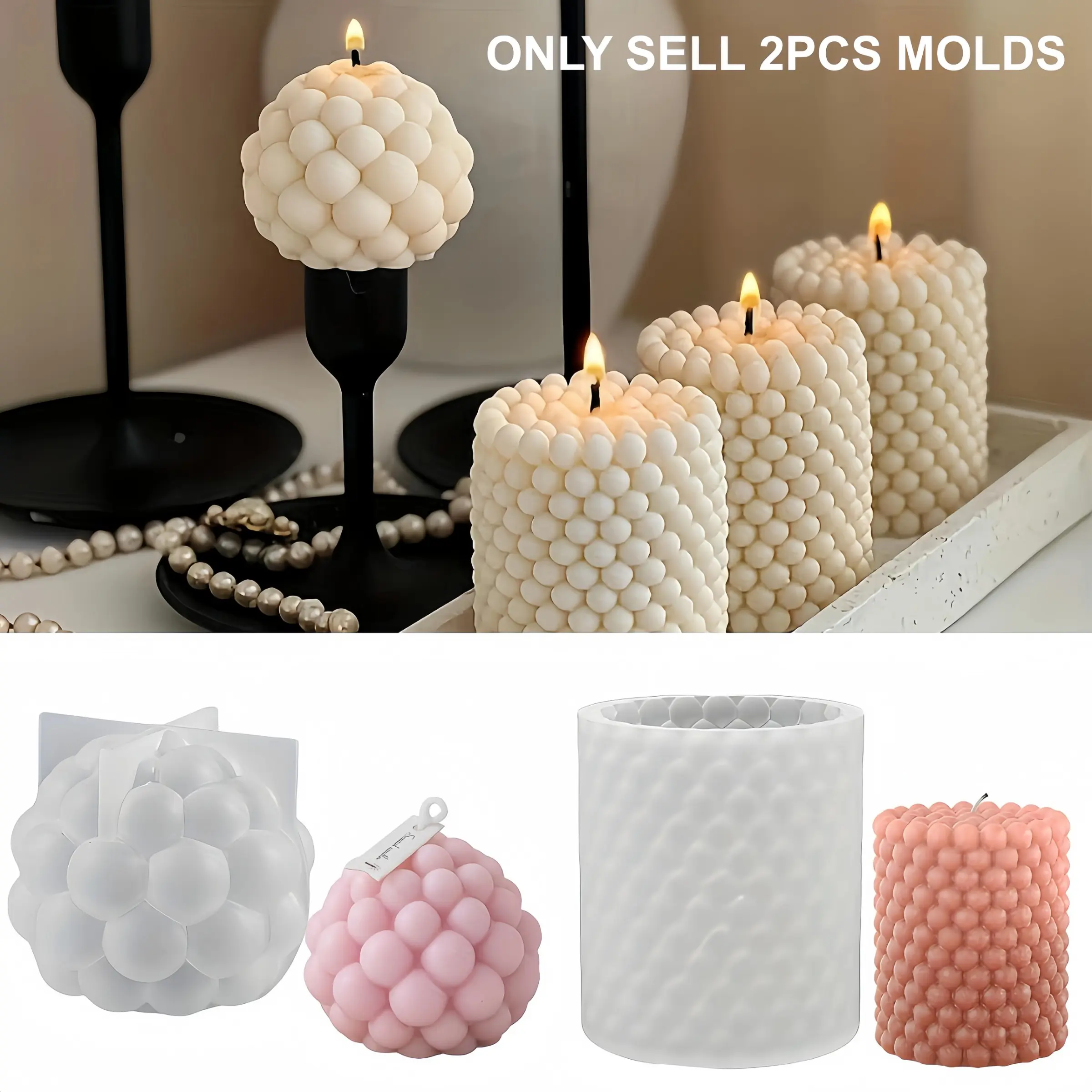 2pc Premium 3D Bubble Candle Silicone Molds, Ball Resin Silicone Molds, DIY Clay Soy Wax Casting, Easy Demolding, Durable Design, Home Decor, Candle Molds For Candle Making, Candle Making Supplies