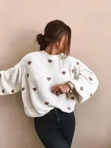Elegant Fashion Heart Pattern Sweater Knitwear, Loose Knit Pullover for Spring Autumn Winter, Round Neck Long Sleeve Casual Wear