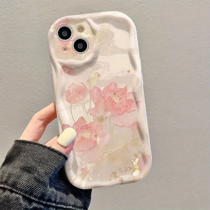Ink Painting Pink Lotus Soft Shell Phone Case, Protective Casing for iPhone 16/15 Pro Max/14/13/12/11/Mini Smartphones, Handheld Cellphone Devices, Smartphone, Protector