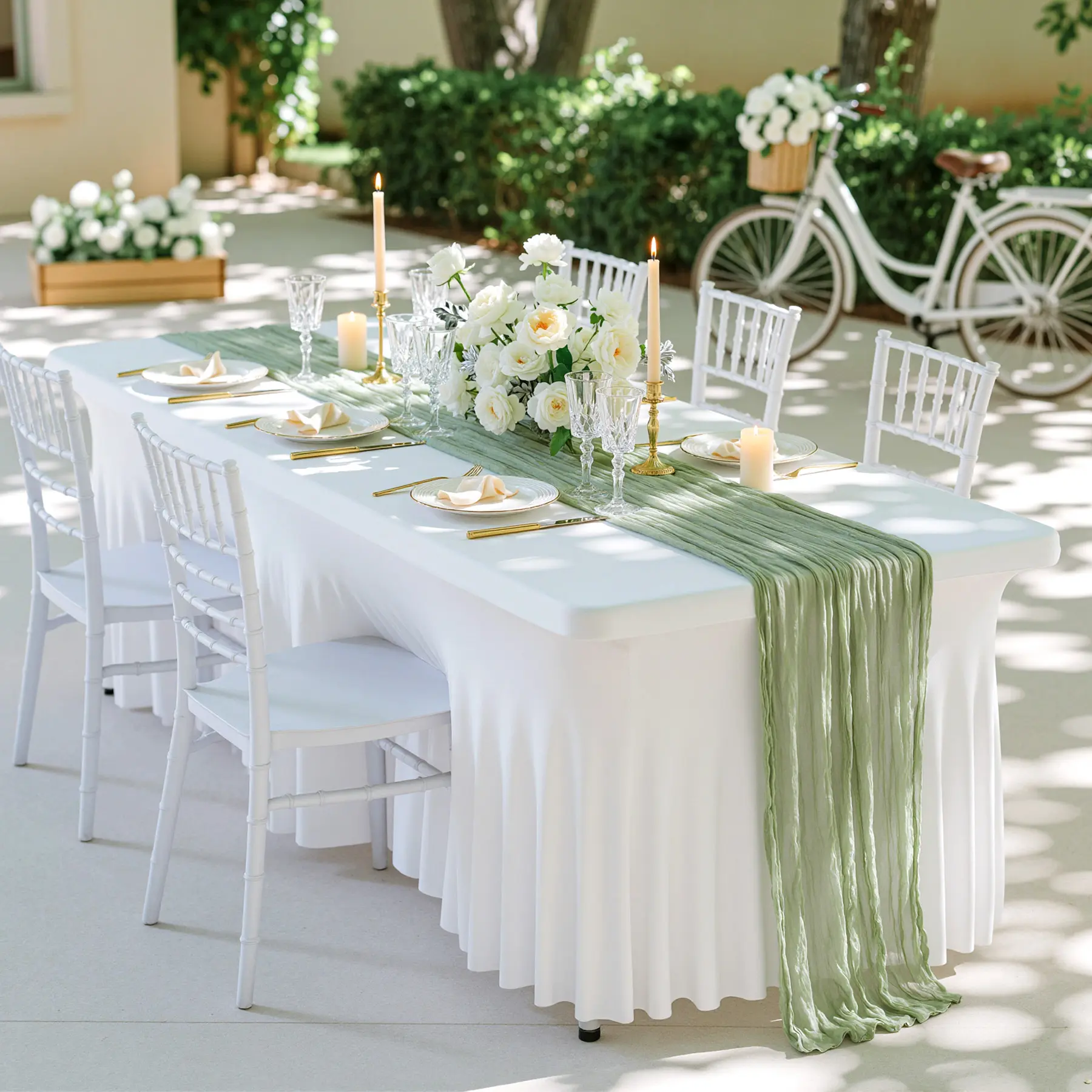 Premium Rustic Sage Sheer Gauze Table Runner (1.6x10FT) - Soft Wrinkle-Texture Plain Cheesecloth, Boho Floral Ready, Fade-Resistant, Drapable, Reusable for Boho Weddings & Birthday Event Decor, Cold-Wash Gentle Home/Festive Supplies