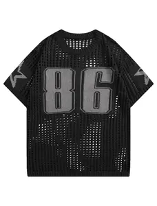 Summer Casual Solid Color Knitted Top Street Casual Knitted Mesh Digital Star Round Neck Loose Short Sleeve Knitted Tops