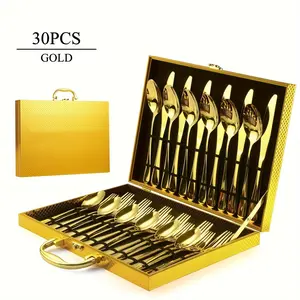30pcs Golden Stainless Steel Silverware With Gift Box Set, 6 People Golden Knives, Forks And Spoons Flatware Set, Exquisite Wooden Box Packaging, Ideal For Business Gifts, Weddings, Celebrations
