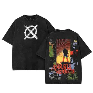 [Collection] 4 Design Marble Hornets Horror Washed T-Shirt Graphic Tee - Vintage Washed Cotton T-Shirt, Creepypasta Shirt for Streetwear Horror Fans, Ultimate Gift Idea for Horror Enthusiasts