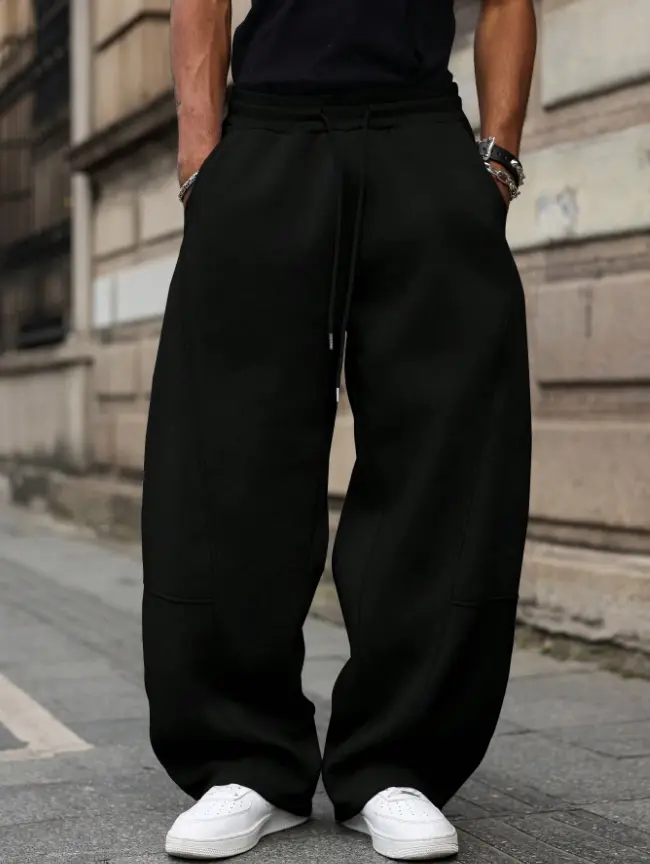 Men's Plus Size Wide-Leg Sweatpants, Preppy Baggy Polyester Pants with a Drawstring for Outdoor Sports and Streetwear, O Type, Athleisure Style, Sports Bottoms