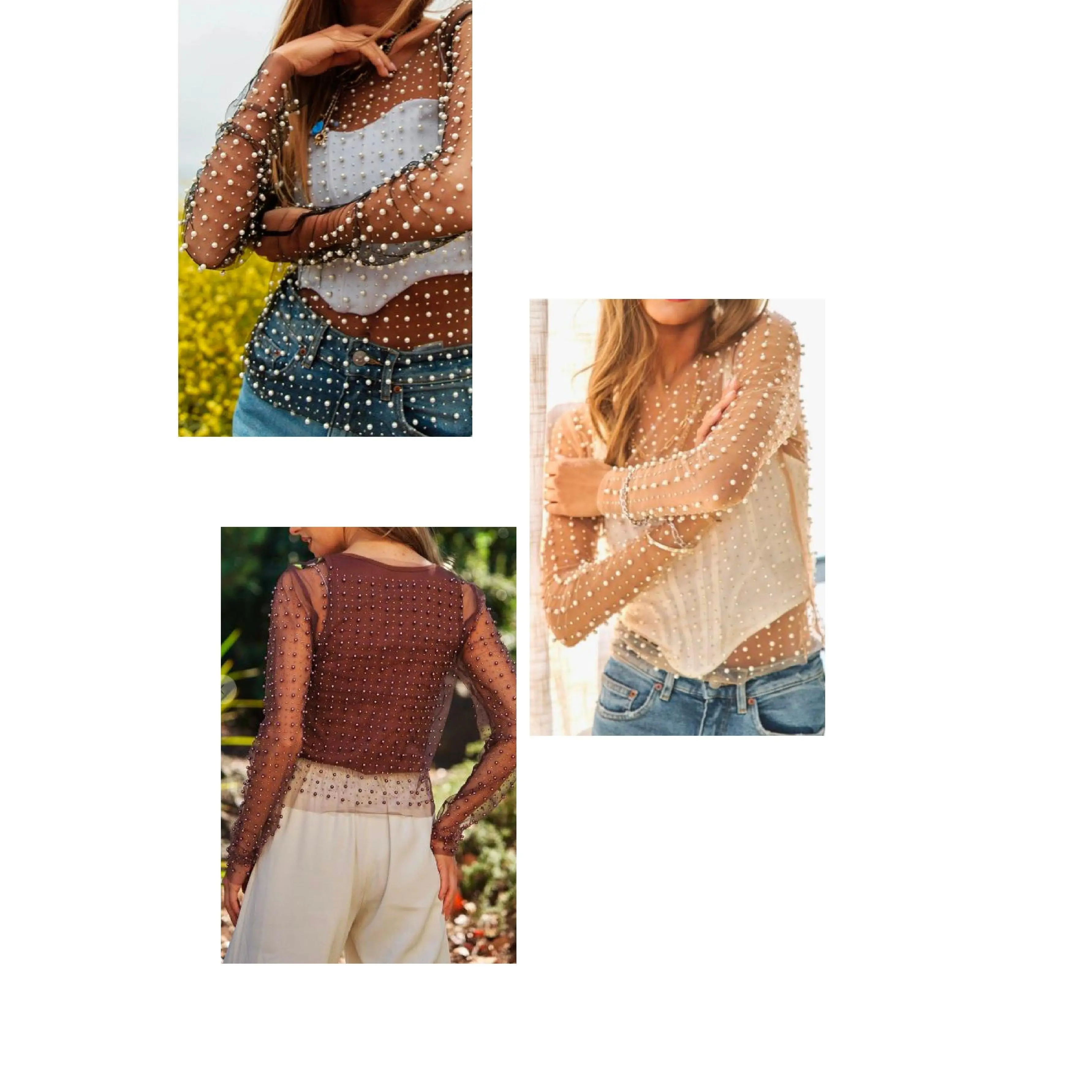 Pearl - Bead & Pearl embellished long sleeves mesh top